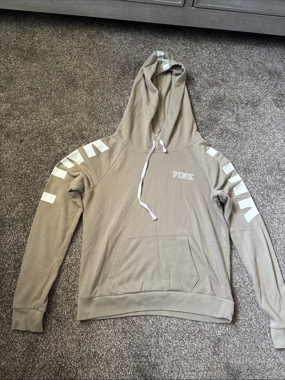 PINK Victoria's Secret Men's Taupe Hoodie with White Accents